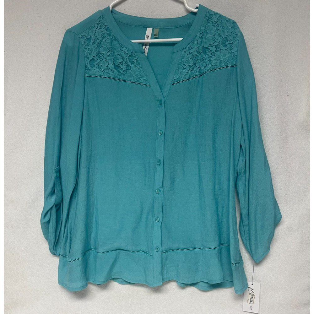 NY Collection Womens Large Aqua Button Up Top Lace Lightweight Feminine Comfy WT